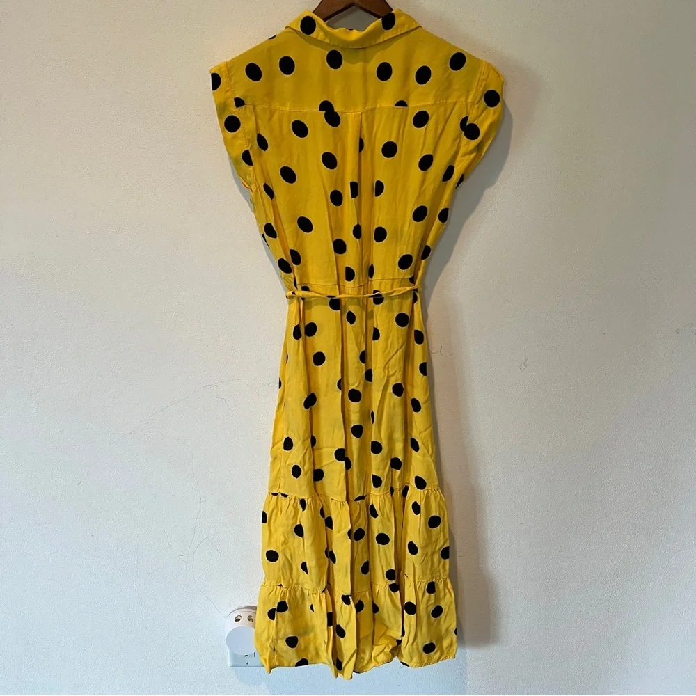 Ann Taylor Yellow and Black Polka Dot Maxi Dress Tiered Skirt Buttons Size 12 - Picture 7 of 9